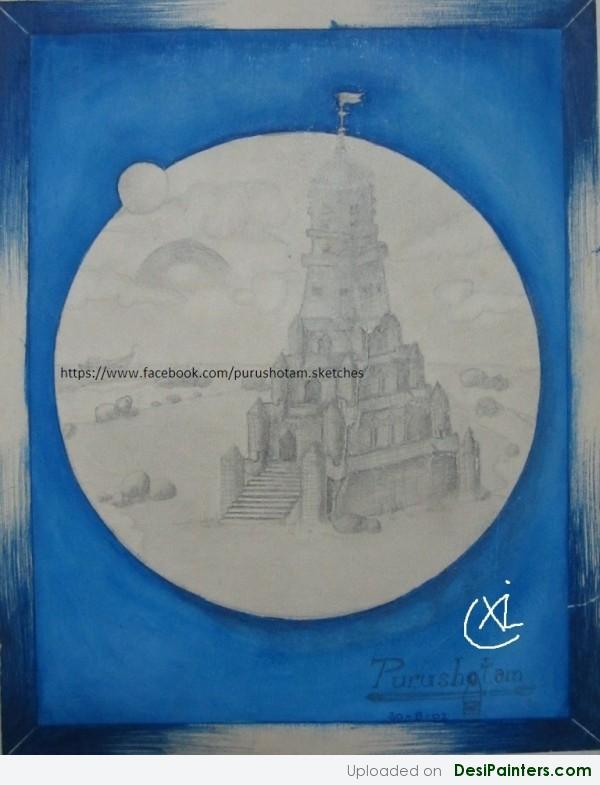 Mixed Pencil Sketch - Temple in Blue