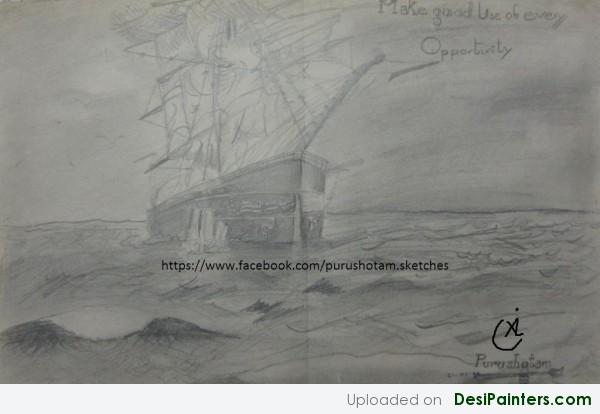 Pencil Sketch- Ship in the Mid Sea - DesiPainters.com