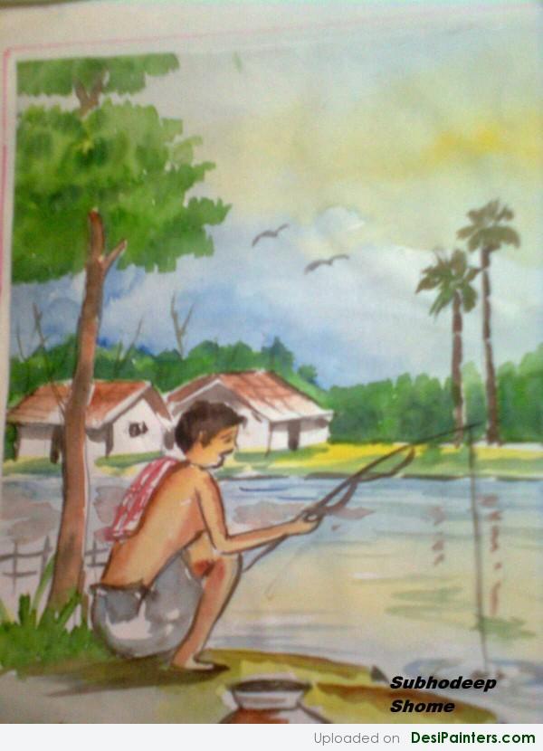 Watercolor Painting Of A Fisherman - DesiPainters.com