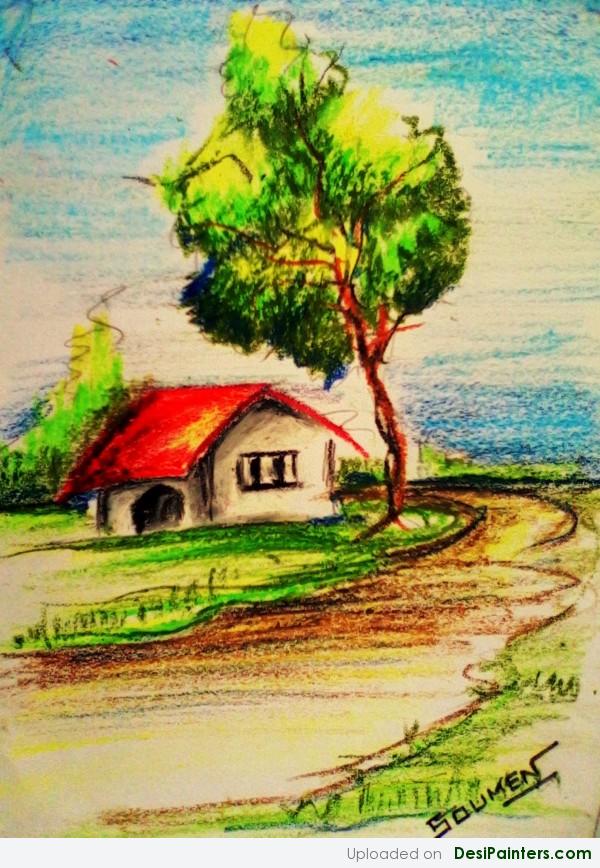 Crayon Painting Of A Hut - DesiPainters.com