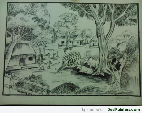 Sketch Of A Village View - DesiPainters.com