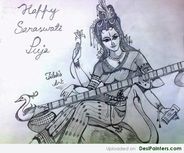 Pencil Sketch Of Goddess Saraswati - DesiPainters.com