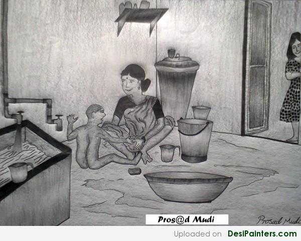 Sketch Of Mother and children by Prosad Mudi