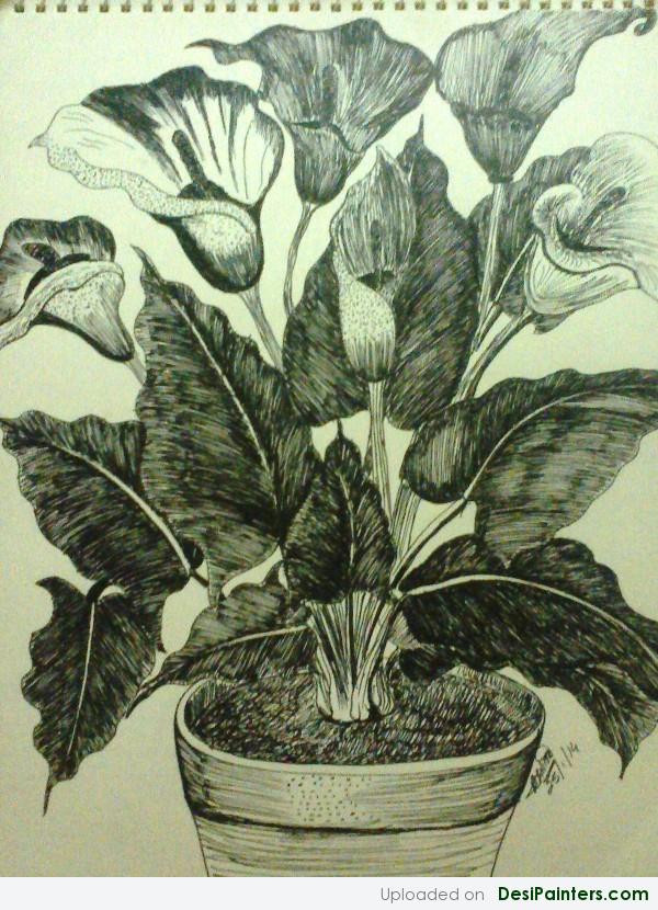 Ink Painting Of A Flower Pot