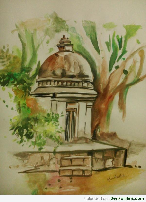 Watercolor Painting Of A Temple - DesiPainters.com