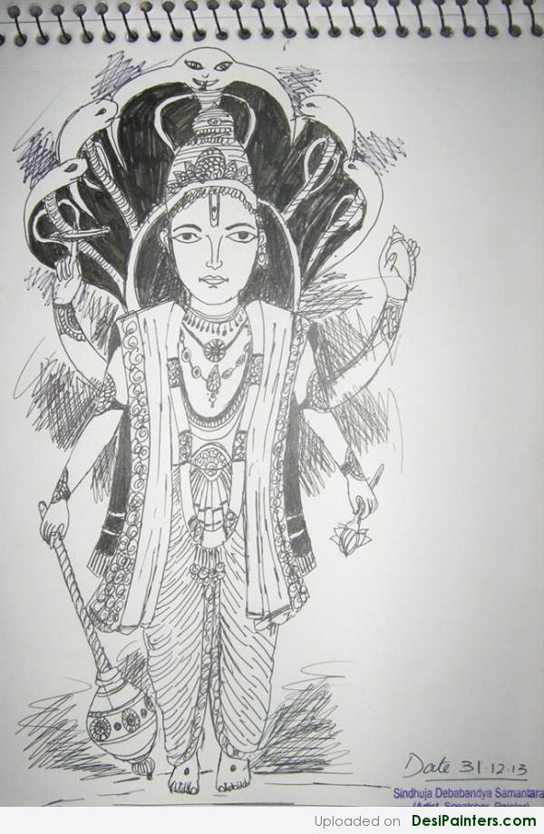 Ink Painting Of Lord Narayan - DesiPainters.com