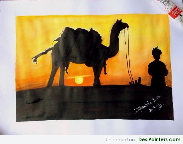 Watercolor Painting Of Sunset in Desert - DesiPainters.com