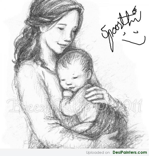 Charcoal Sketch Of Mother and Baby - DesiPainters.com