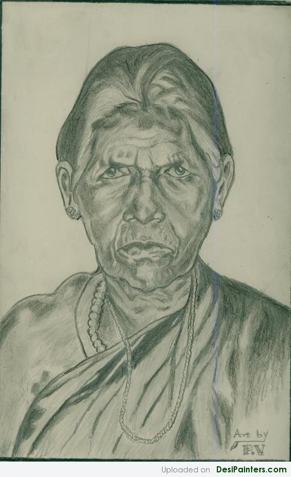 Pencil Sketch Of An Old Lady - DesiPainters.com