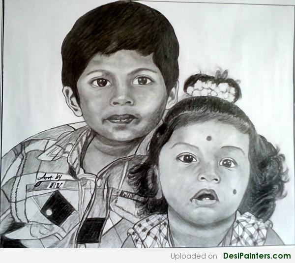 Charcoal Sketch Of Children - DesiPainters.com