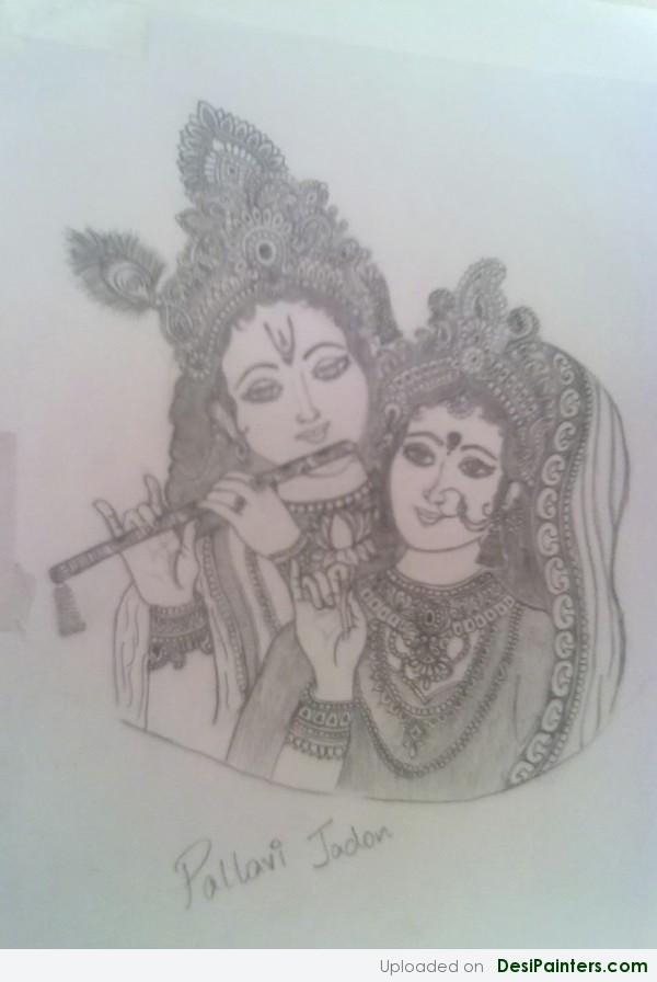 Sketch Of Lord krishna with Radha - DesiPainters.com