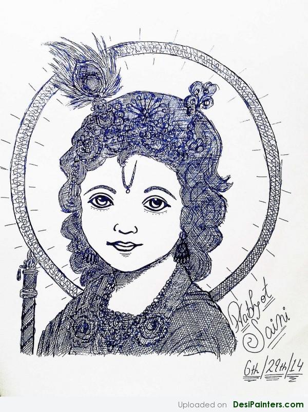 Ink Painting Of Baby Lord Krishna - DesiPainters.com