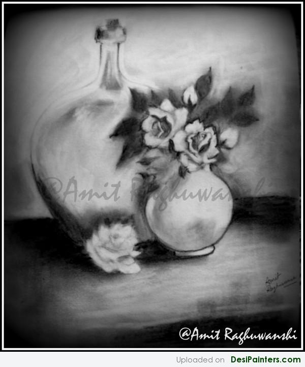 Charcoal Sketch Of Flower-Pots - DesiPainters.com
