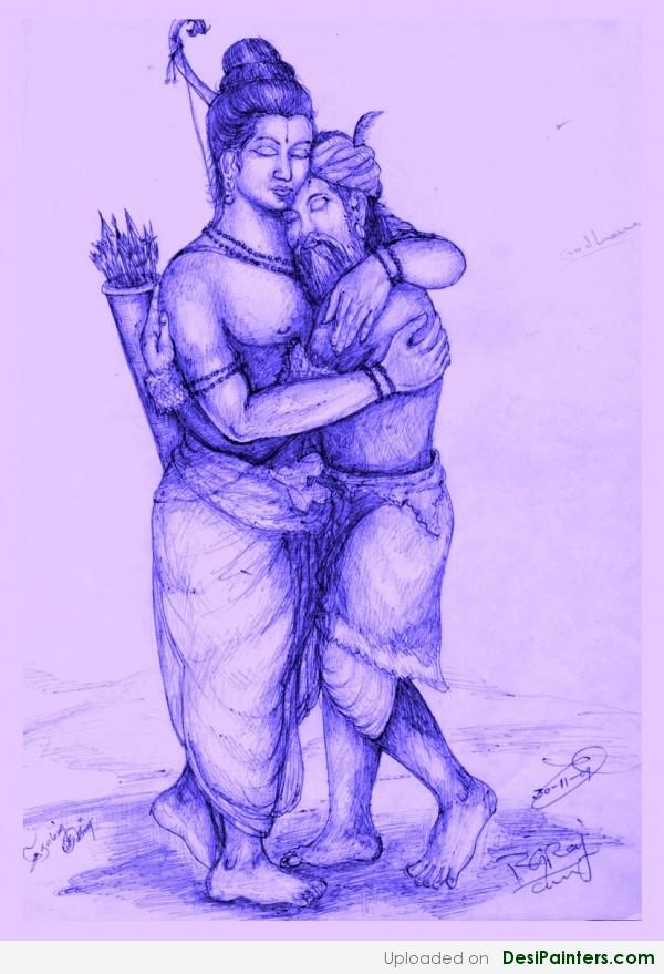 Ink Painting Of Ram ji With his Friend - DesiPainters.com