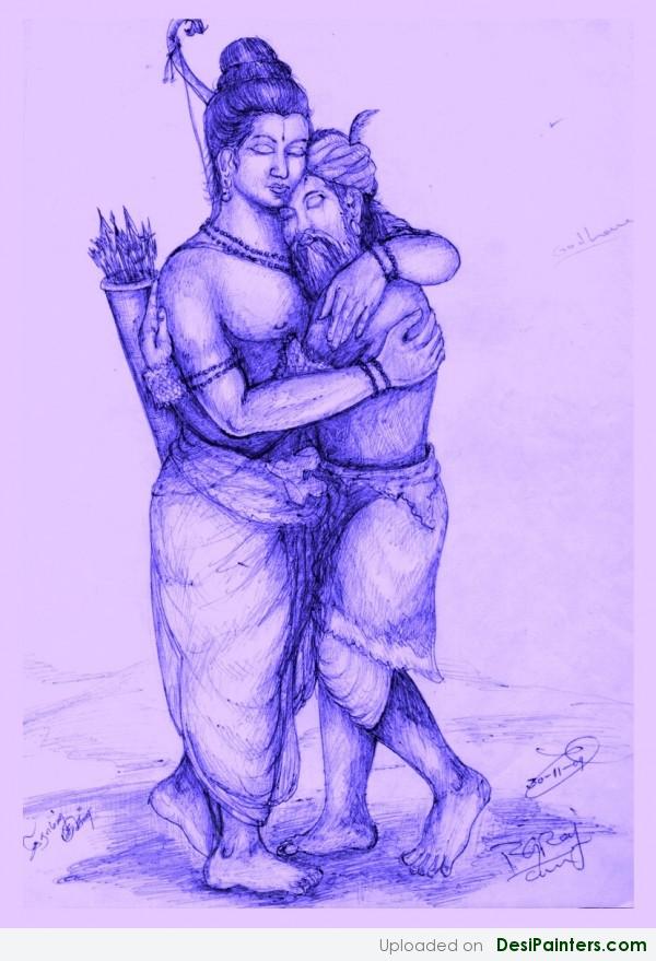 Ink Painting Of Ram ji With his Friend - DesiPainters.com