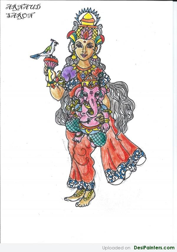 Painting Of Parvati and Ganesh ji