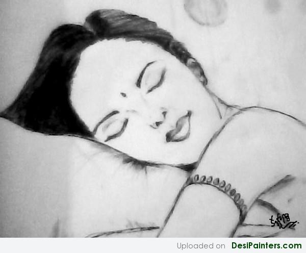 Pencil Sketch Of A Sleeping Lady - DesiPainters.com