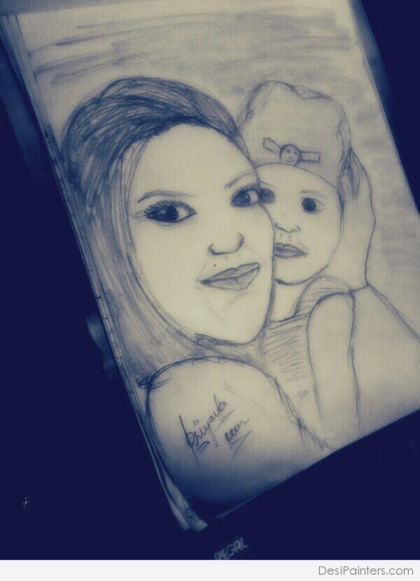 Pencil Sketch Of Mom And Child