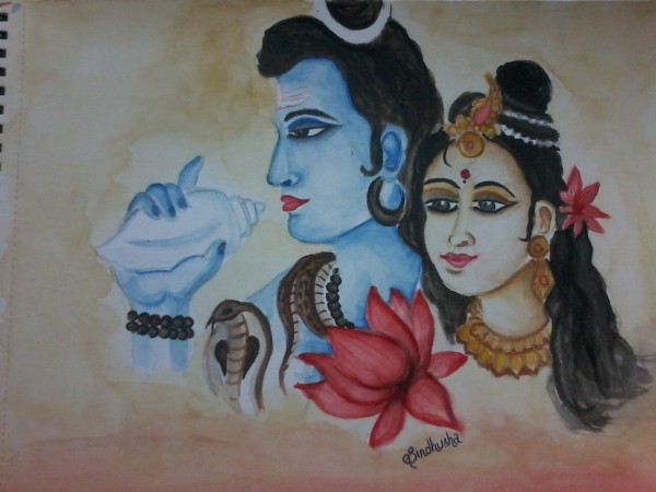 Watercolor Painting Of Lord Shiva And Parvati Ji - DesiPainters.com