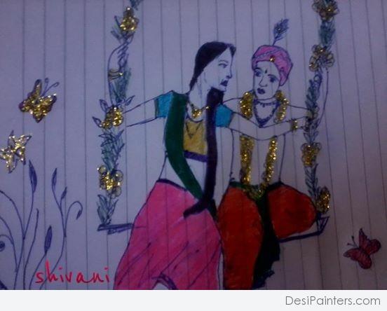 Indian Ink Painting Of Radha Krishna - DesiPainters.com