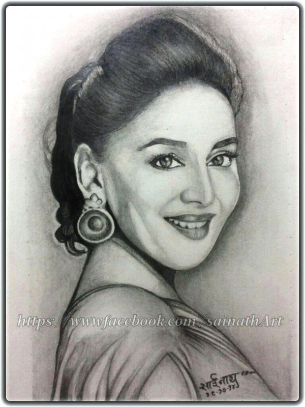 Pencil Sketch Of Madhuri Dixit By Sainath Parulekar