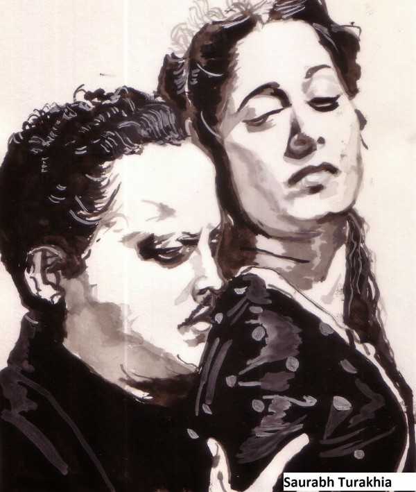 Watercolor Painting Of Guru Dutt And Waheeda Rehman - DesiPainters.com