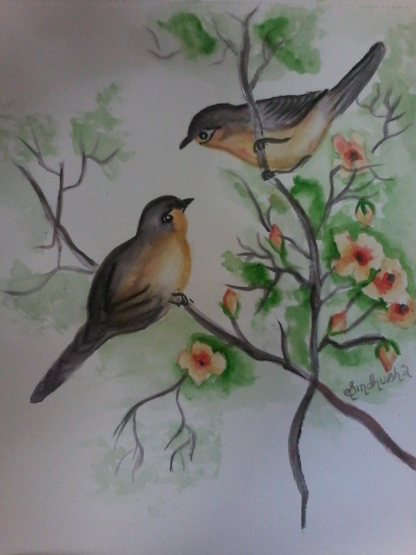 Watercolor Painting Of Love Birds - DesiPainters.com