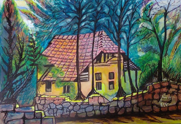 Watercolor Painting Of  Forest House