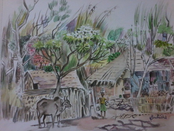 Watercolor Painting Of Village - DesiPainters.com