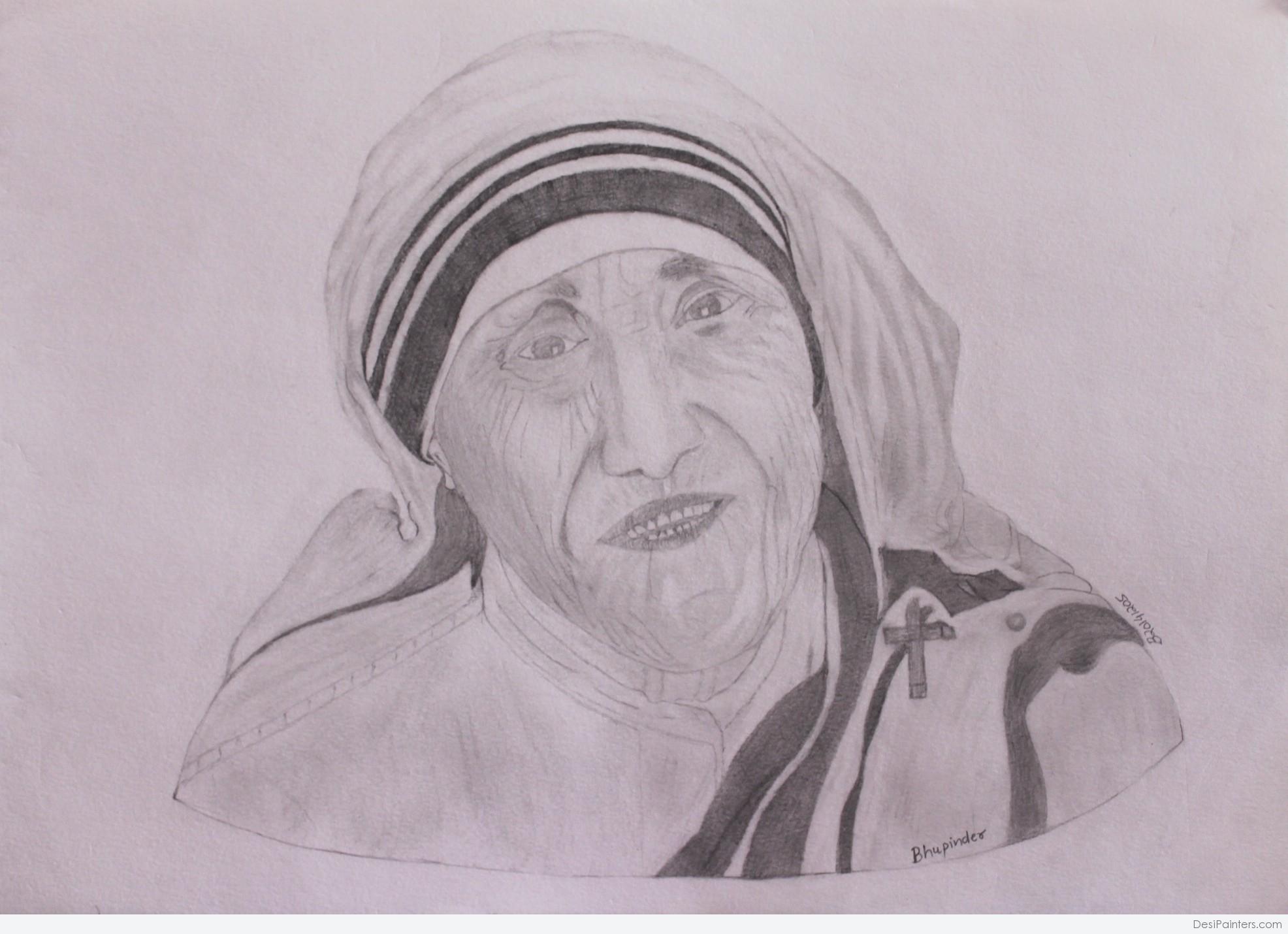 Pencil Sketch Of Mother Teresa By Bhupinder Singh