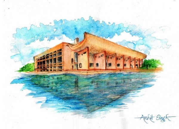 Mixed Painting Of Palace of Assembly, Chandigarh - DesiPainters.com