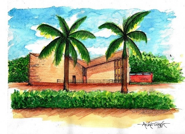 Watercolor Painting Of Gandhi Bhavan Chandigarh 