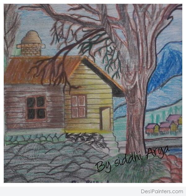Crayon Painting Of  Village Houses - DesiPainters.com