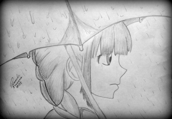 Pencil Sketch Of Sad Girl In Rain