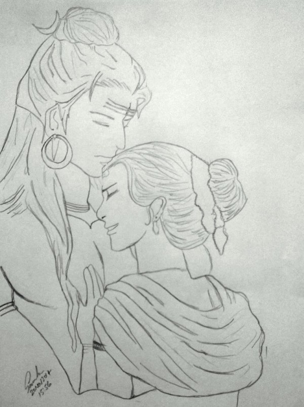 Pencil Sketch Of Lord Shiv and Mata Parvati - DesiPainters.com