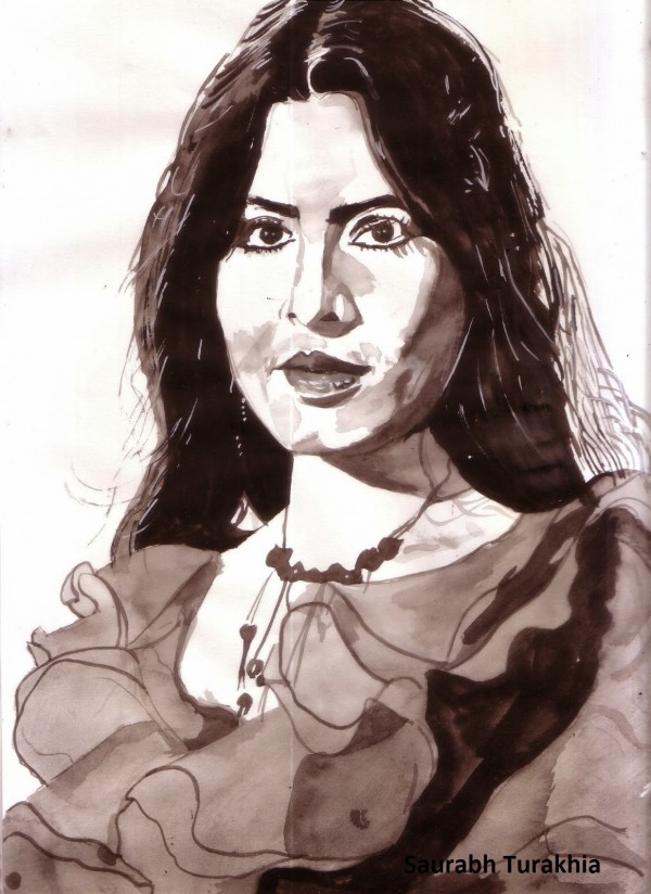 Watercolor Painting Of Beautiful Actress Parveen Babi - DesiPainters.com