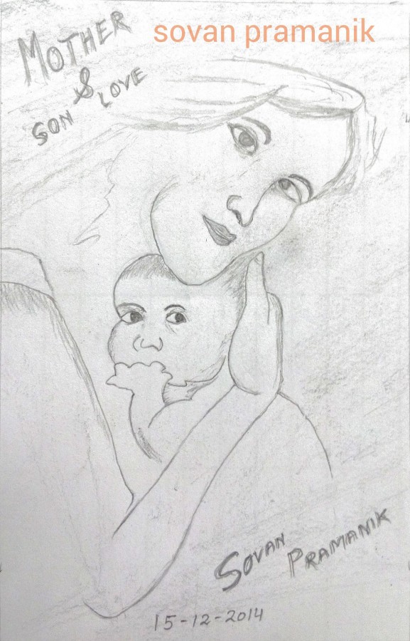 Pencil Sketch of Love in mother and  son - DesiPainters.com