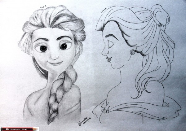 Pencil Sketch of ALSA and BELLE - Animation Characters