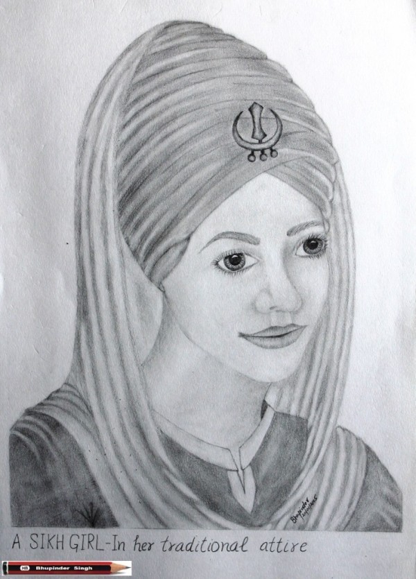 Pencil Sketch of A Sikh Girl – In her traditional attire - DesiPainters.com