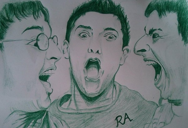 Indian Ink Painting of 3 idiots - DesiPainters.com