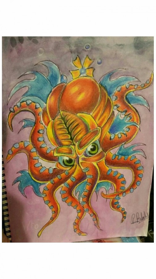 Octopus drawing by watercolors and pencil colors