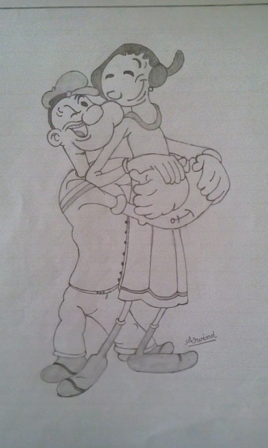 Pencil Sketch of Olive and Popeye - DesiPainters.com