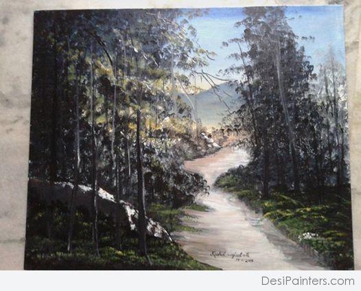 Acryl painting of forest with river view - DesiPainters.com
