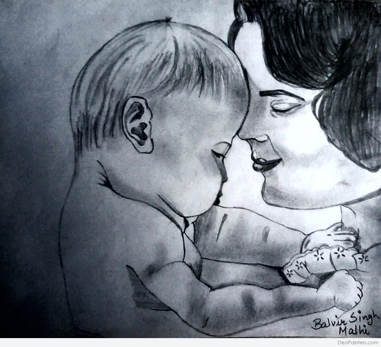 Pencil sketch of Mom and Son love.