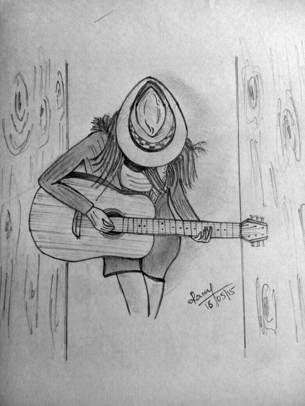 Pencil Sketch Of A Girl With Guitar - DesiPainters.com