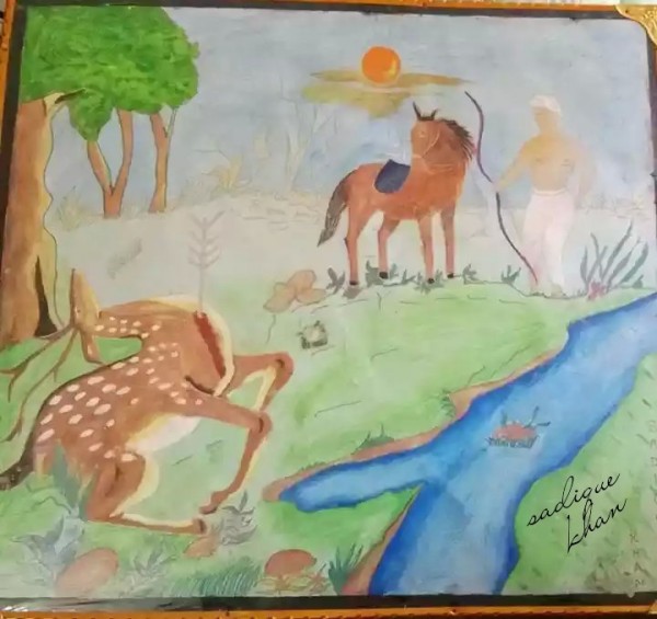 Watercolor Painting Of The Story Of Deer And Horse With Hunter Man