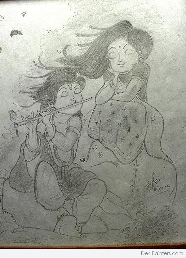 Beautiful Pencil Sketch Of The Little Radha Krishna - DesiPainters.com