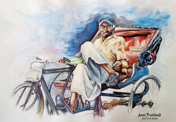 Watercolor Painting Of Comman Man - DesiPainters.com