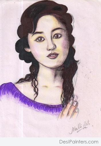 Pencil Color Sketch Of A Beautiful Girl
