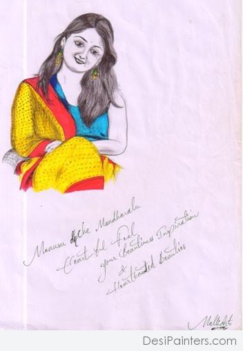 Pencil Color Sketch Of A Girl - DesiPainters.com